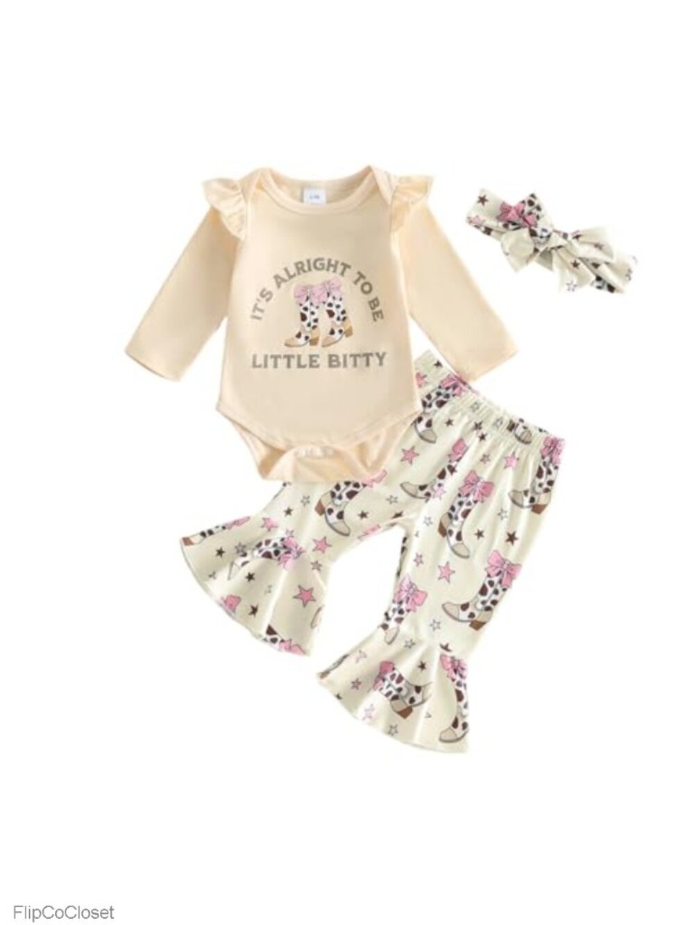 Baby Girl Ribbed Romper and Bell Bottom Pants Set with Headband